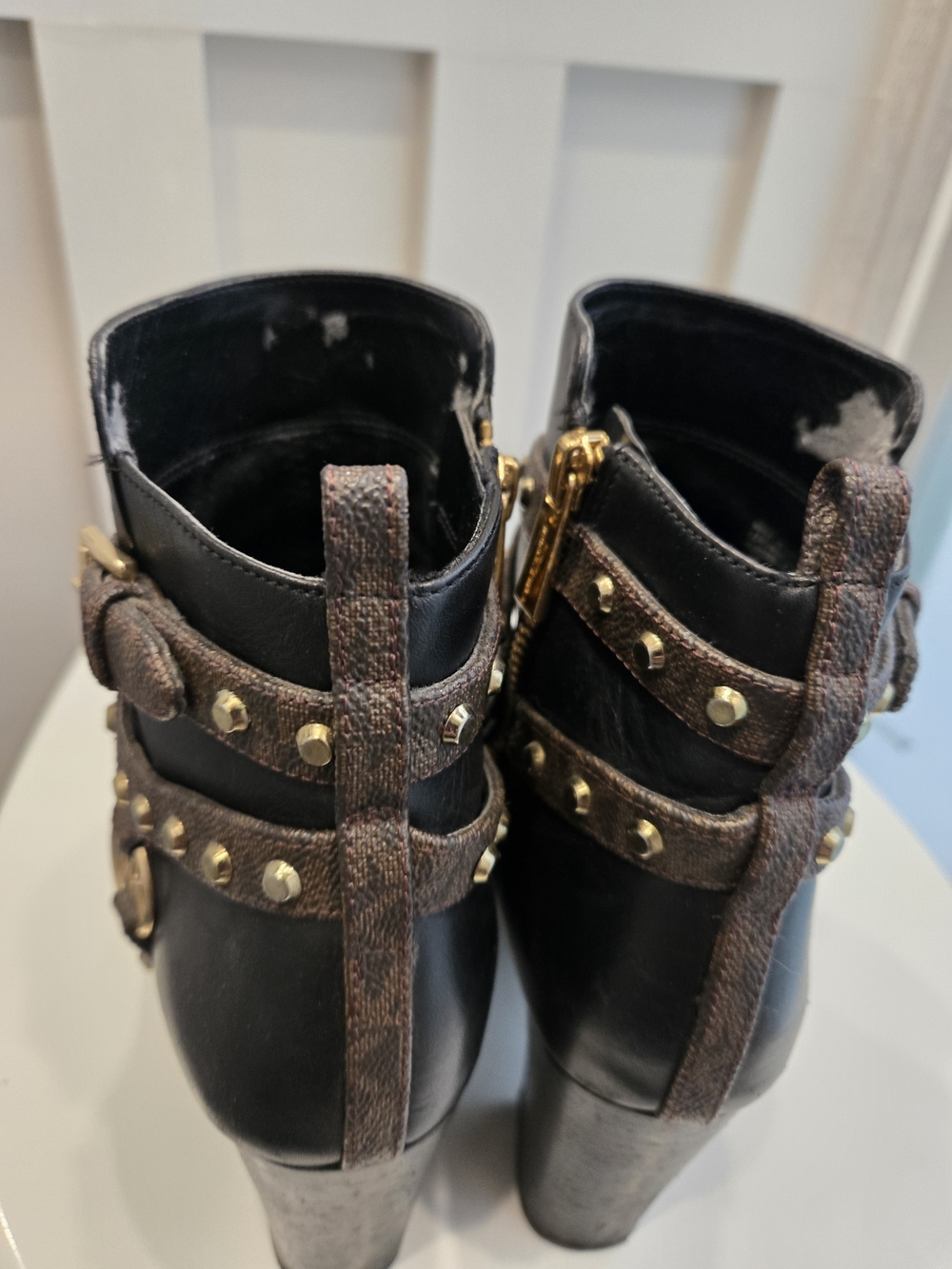 Black Ankle Booties with Brown Trim and Gold Studs